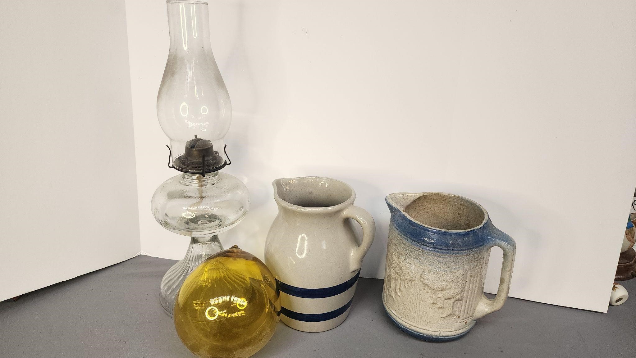 Hand Blown Glass Bulb, Pottery pitchers & lamp