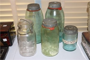 5 Old jars including green Masons, aqua Ball and