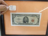 1963 RED SEAL FIVE DOLLAR BILL IN FRAME