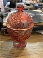 Small red glass dish with lid