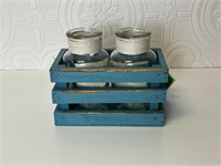 Small Turquoise Wood Crate with 2 Glass Jars
