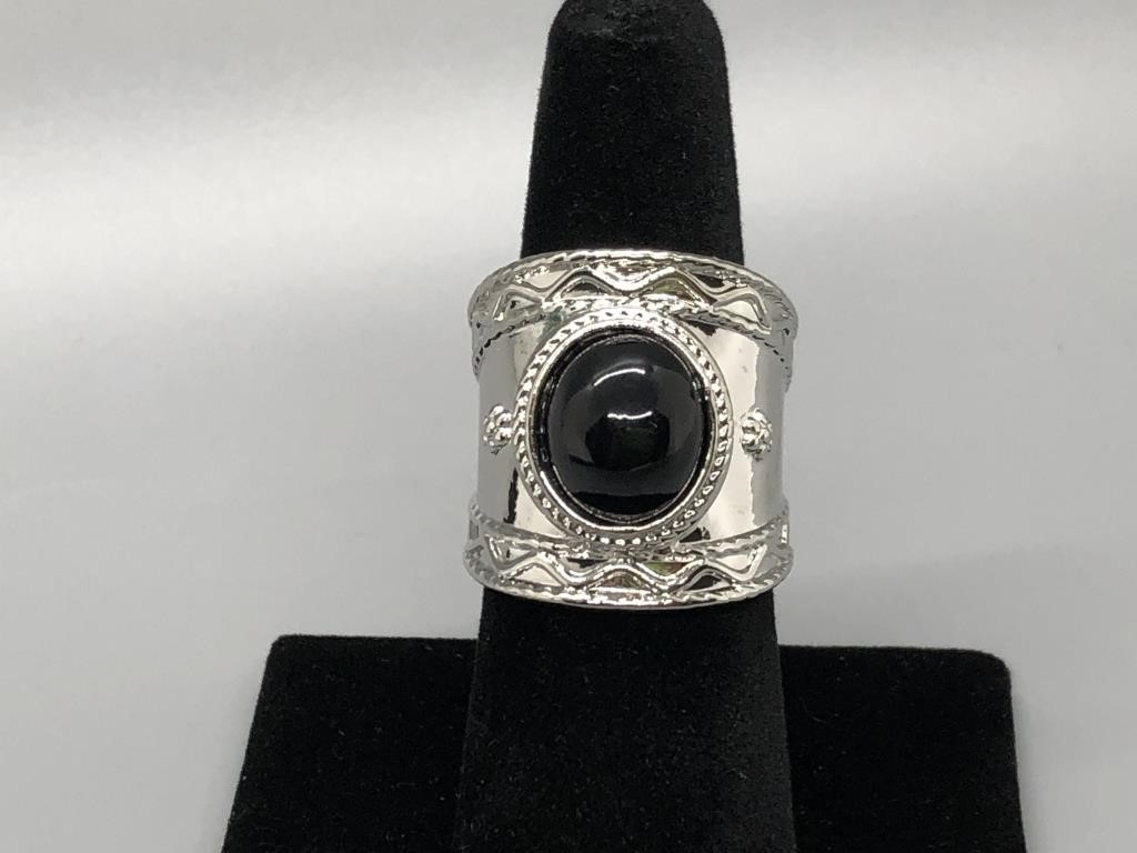 Wide Band Silver and Black Stone ring