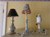 3 small lamps, pastel and color, one is metal