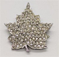 Coro Silver Tone & Rhinestone Maple Leaf Brooch