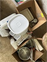 3 boxes - plasticware, strainers, pots