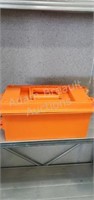 Orange plastic ammo box, 7.5 x 14.5 x 6.5