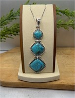 18 Inch Sterling Silver Necklace With 3 Turquoise