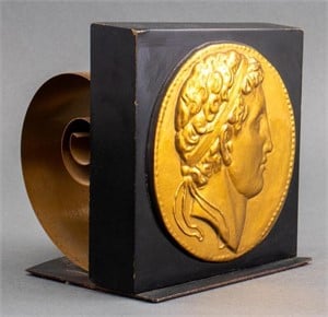 Brass Scroll Bookend with Greek Profile
