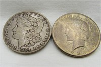 2 Silver Dollars 1894 O Morgan & 1923 S Peace