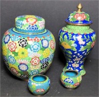 Flat of Cloisonné enamel vases and cups