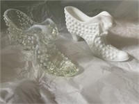 2 Hobnail Glass Shoes Milk Glass & Clear