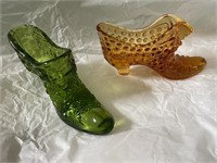 Hobnail Amber  & Green Glass Shoes