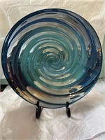 17" Iridescent Studio Glass Platter on Metal Stand
