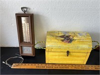 Vintage thermometer & wood box.