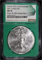 2011 AMERICAN SILVER EAGLE NGC MS70, 25TH ANNIV