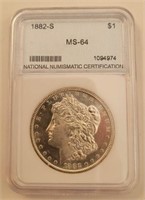 1882-S Morgan Silver Dollar, Graded NNC MS64