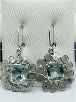 Certified Silver Aqua(4ct) Diamond(0.6ct) Earrings