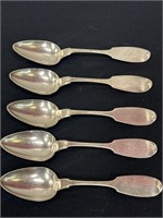 5 coin silver teaspoons by Thad Hackley Warren