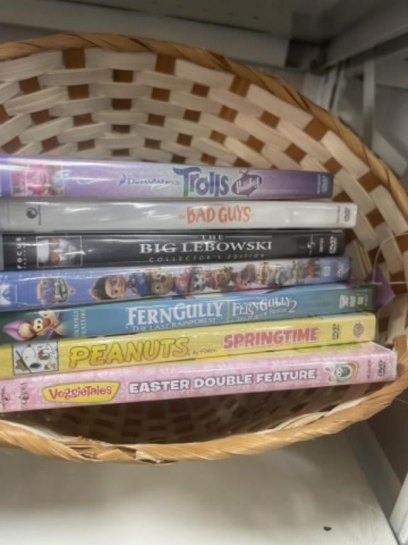 BASKET AND 7 NEW KIDS DVD'S