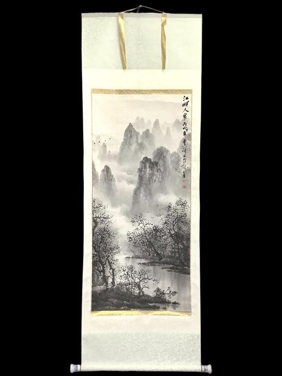 Chinese Watercolor Scroll w Chop Marks
