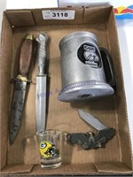 Iowa Hawkeye mug, eagle knife, GB Packers glass,