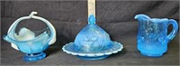 Aqua Depression Glass Pitcher, Butter Dish & Art