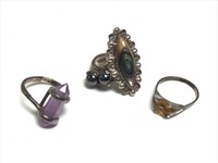 4 Sterling Rings / Amethyst, Abalone & Pearls