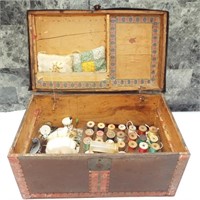 Neat old wood and metal sewing box with contents.