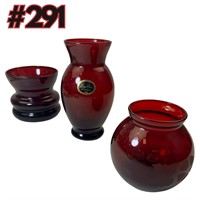 3 unique ruby red vases!  Vintage!