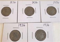 5 - 1936 Buffalo Head Nickels