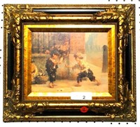 Boys Playing Textured Print on Board in Gilt Frame