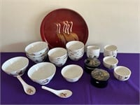 Asian Style Rice Bowls, Coasters, Serving Tray +