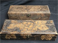 Lot of 2 Handmade Pyrography Wooden Boxes
