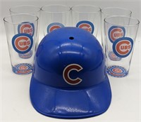 (N) plastic cubs hat and 6 glass cubs tumblers