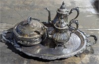 (N) silverplate serving tray, tea pots, and