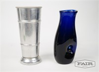 Kraftware Metal and Blue Glass Dimpled Vases