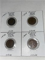 (4) Very Old Indian Head Pennies 1897-1900 Fine to