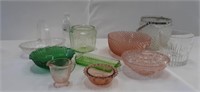 Cut glass, pink and green depression glass, and