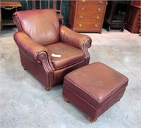 Leather reclining back arm chair with ottoman