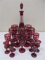 Vintage Bohemian cut to clear decanter, stems