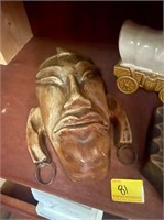 African mask, chuckwagon, wooden ash tray