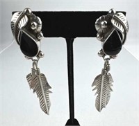 925 Silver Feather/Onyx Taxco Dangle Earrings