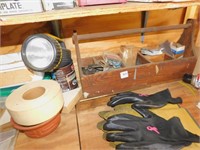 WOODEN BOX WITH NAILS, EYEHOOKS, GLOVES,