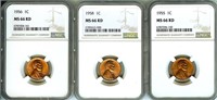 1955 1956 1958 Cent NGC MS66 RD 3 PC LOT