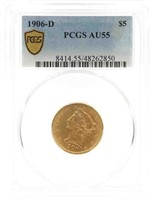 1906-D US LIBERTY HEAD $5 GOLD COIN PCGS AU55