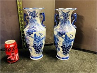Two Handled Porcelain Grape Vine Vases X 2
