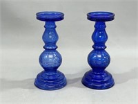 2 Blue Cobalt Glass Candle Holders