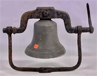 Brass train bell in iron bracket with swing arm,