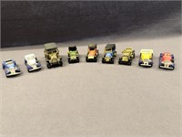 9- OLD TIMER DIECAST CARS.  SOME HAVE PLASTIC