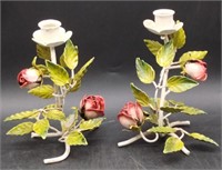 (E) Vintage Toleware Candle Holders with Flowers